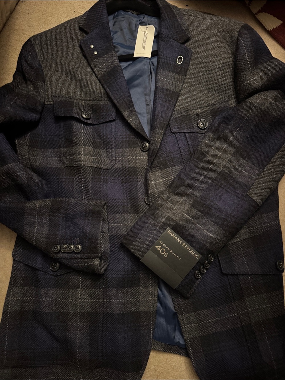 Banana Republic Men's Navy and Gray Plaid Blazer